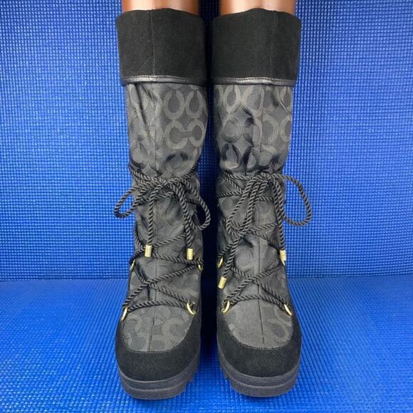 🔴 COACH MAISY Women`s Size 8.5 Black Monogram Suede Leather Wedge Boots A7292 - Picture 2 of 8